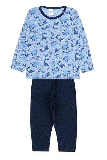 Pijama Manga Longa Infantil Masculino Azul Dinossauro