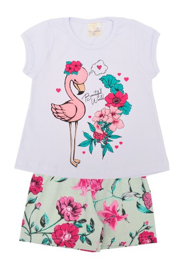 Conjunto Infantil Feminino Branco Flamingo Labelli