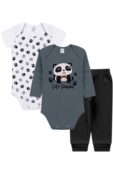 Kit Body Bebê Infantil Masculino Cinza Panda Kappes