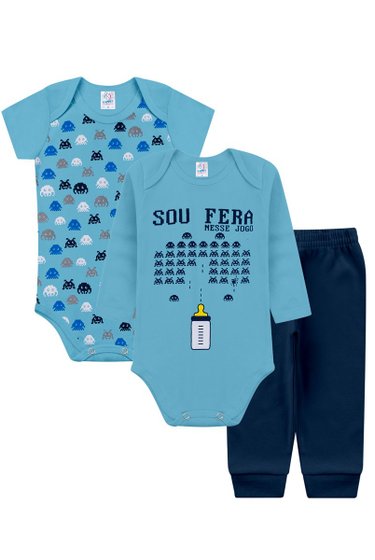 Kit Body Bebê Infantil Masculino Azul Sou Fera Kappes