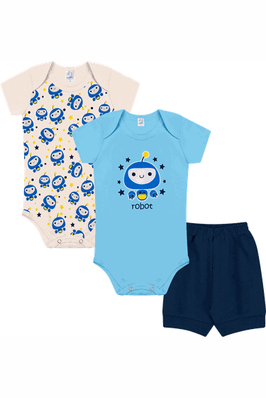 Kit Body Bebê Infantil Masculino Azul Robot Kappes