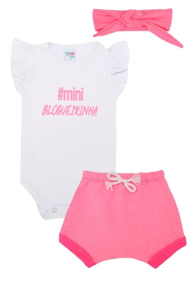 Conjunto Bebê Body Feminino Branco Rosa Neon Blogueirinha TikTak Kids