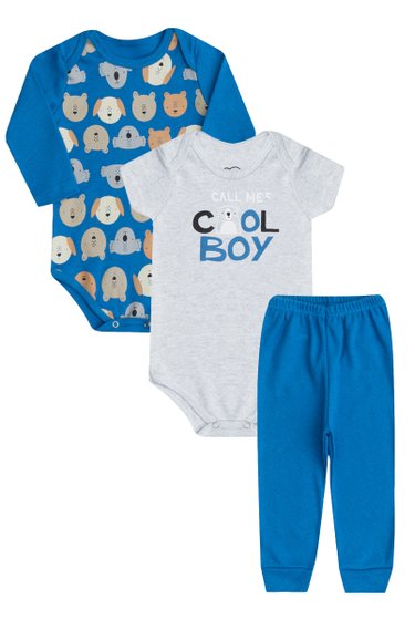 Kit Body Bebê Masculino Azul Bichos Orango Kids